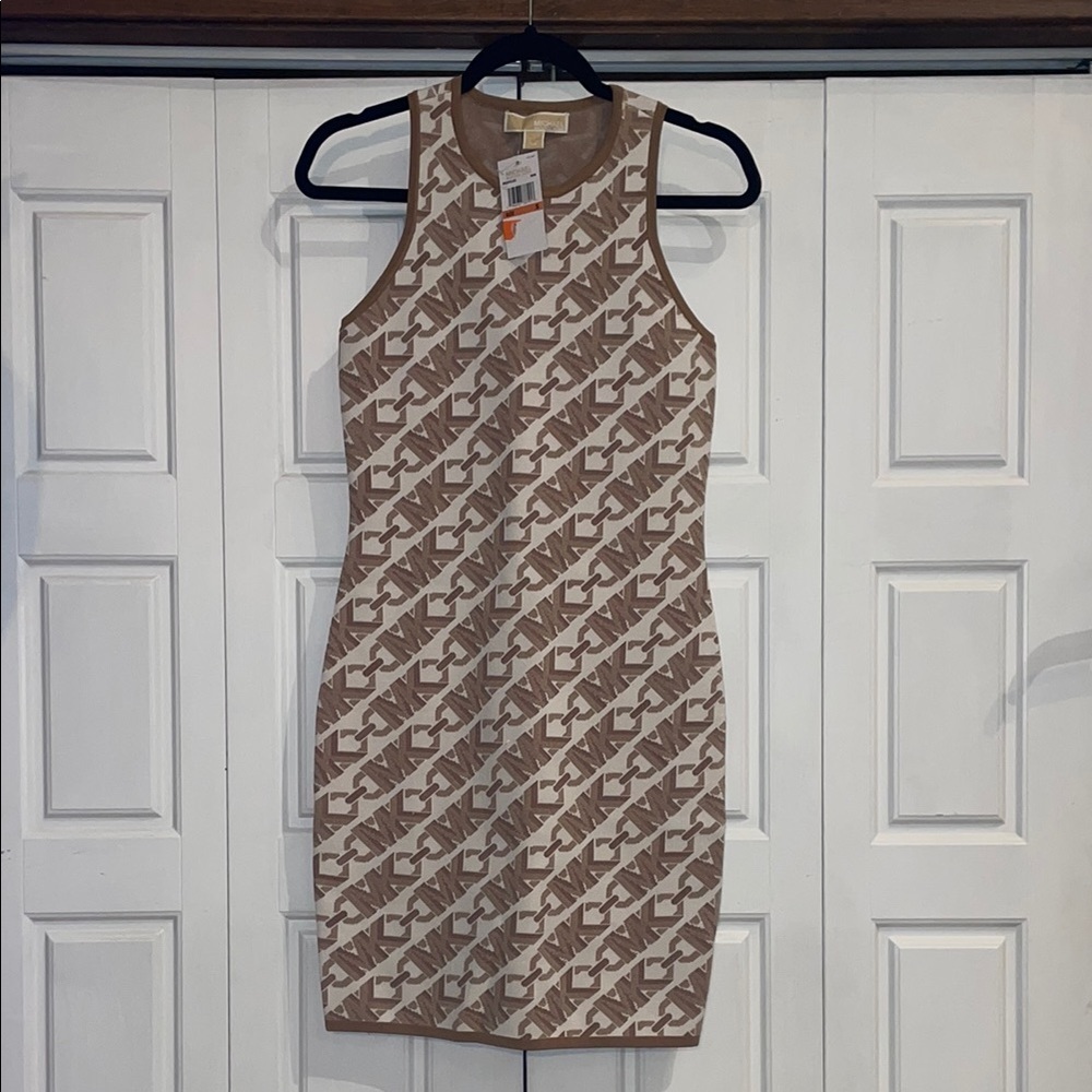 Michael Kors Tan and White Halter Sheath Dress